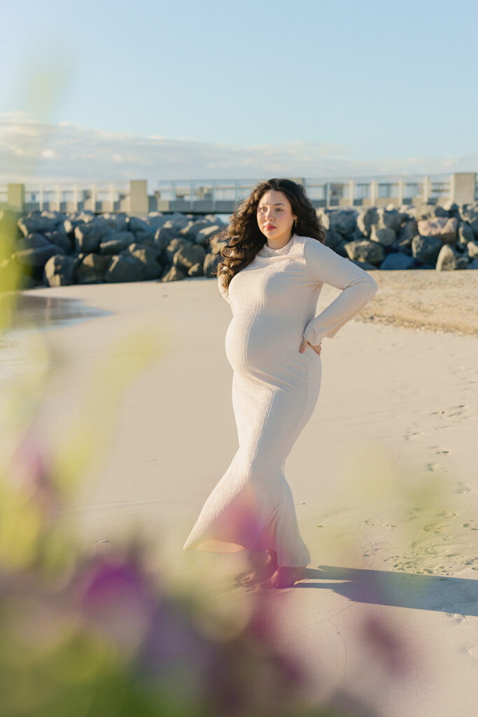 Elegant maternity photography portrait on a South Florida beach.
